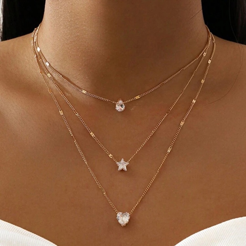 Bohemian Layered Gold Tone Star Heart Necklace